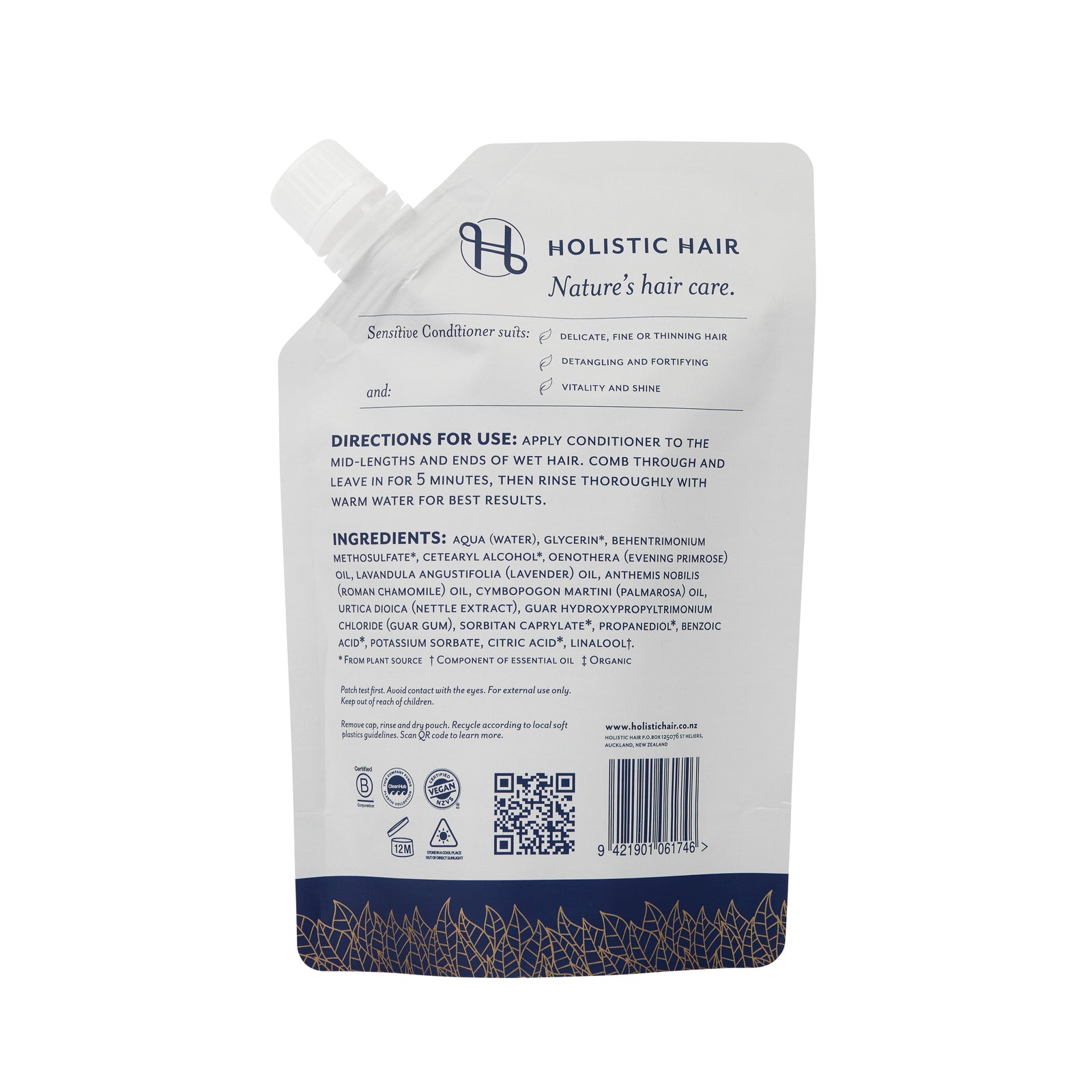 Image of the back of the Sensitive Conditioner 500ml Refill Pouch.