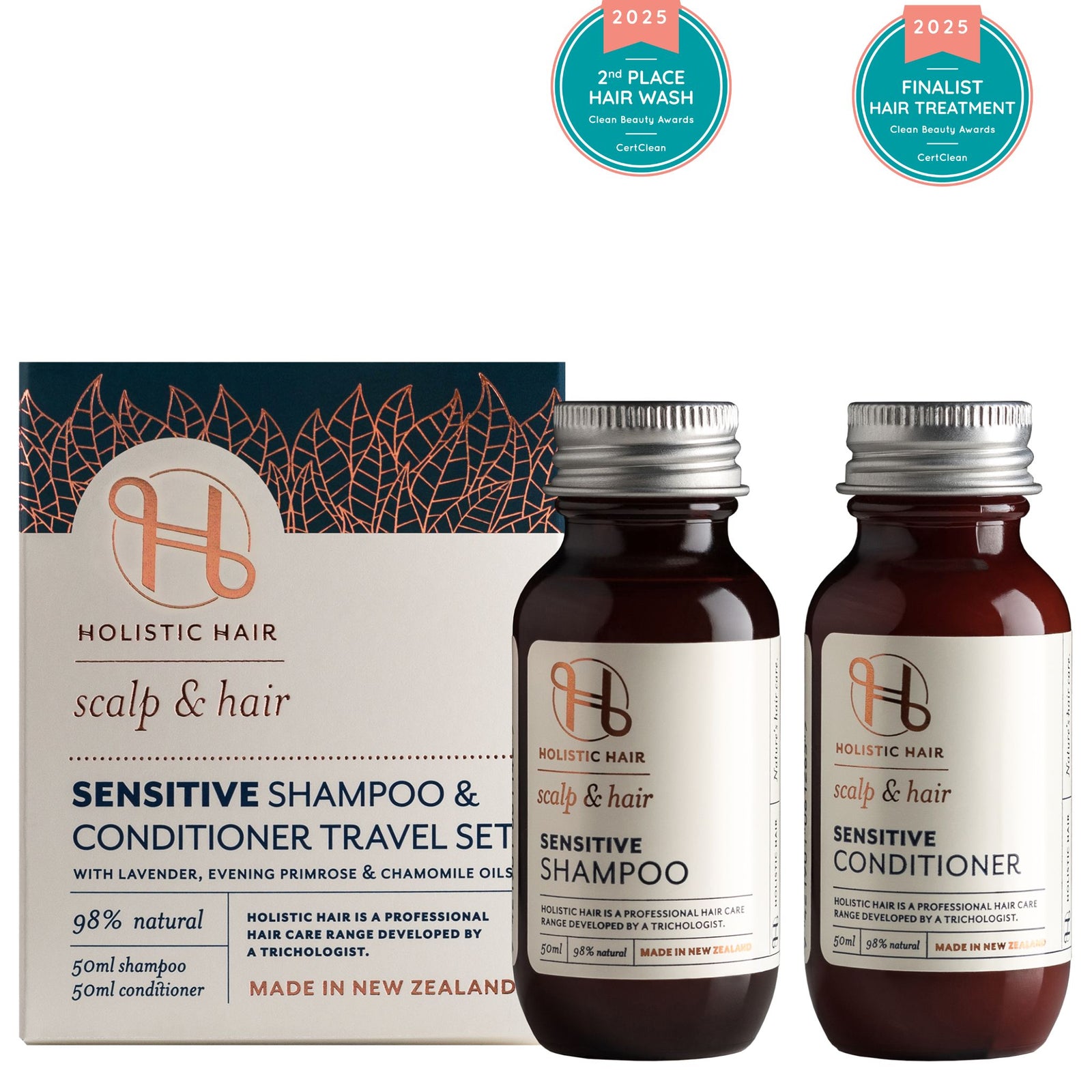 Sensitive Shampoo & Conditioner Set with Apple Cider Vinegar, Lavender, Chamomile, and Evening Primrose, designed to soothe, hydrate, and balance the scalp while improving hair strength and elasticity.