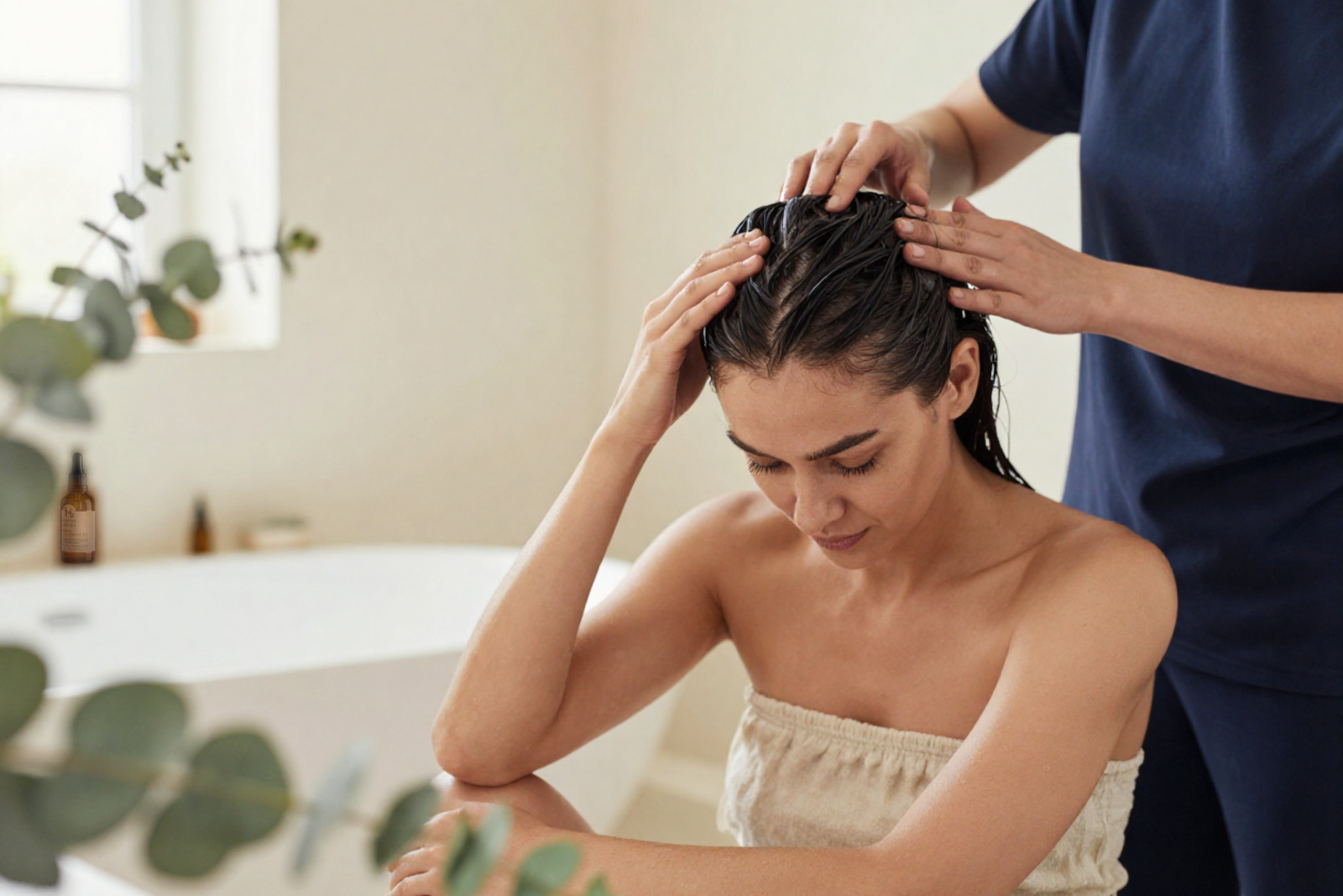 Woman having a scalp spa at home.