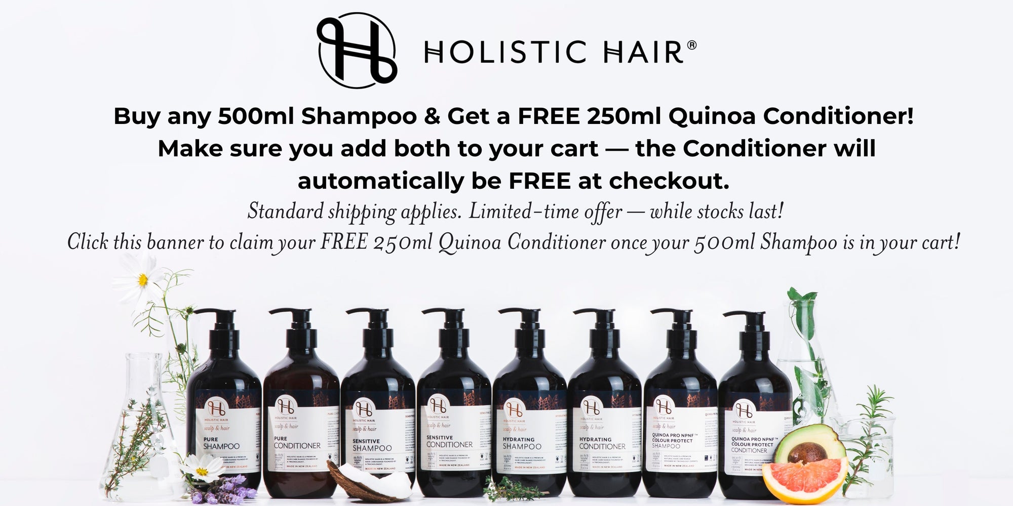 Promotional banner for Holistic Hair with shampoo bottles and a free conditioner offer.