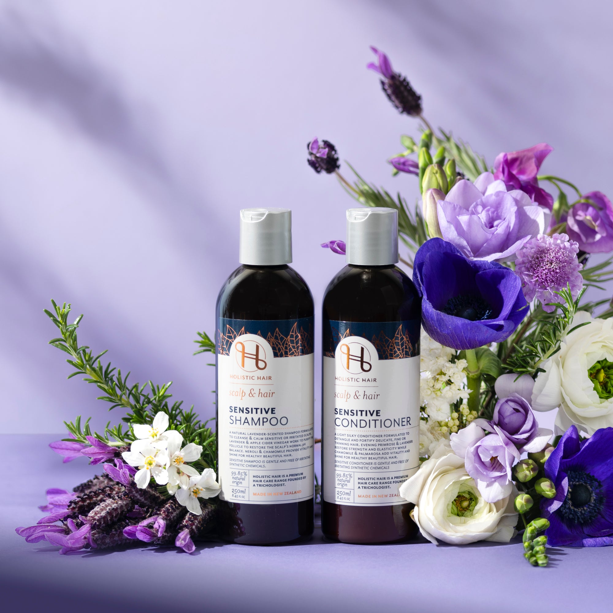 Calming Sensitive Shampoo & Conditioner Set enriched with Apple Cider Vinegar, Lavender, and Nettle Extract, providing antifungal benefits, soothing irritation, and enhancing shine and manageability for delicate hair.