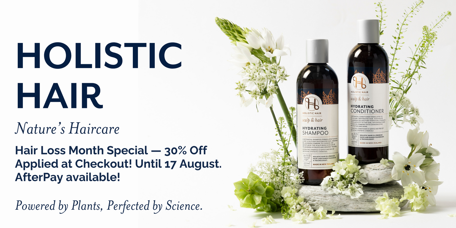 Holistic Hair care products with flowers on a white background
