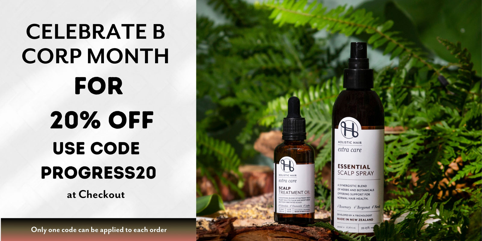 Two bottles of hair care products with a promotional banner for B Corp Month discount on a natural background.