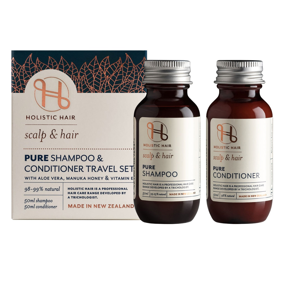 Pure Shampoo and Conditioner Set for family use, featuring manuka honey and aloe vera in fragrance-free formulas.