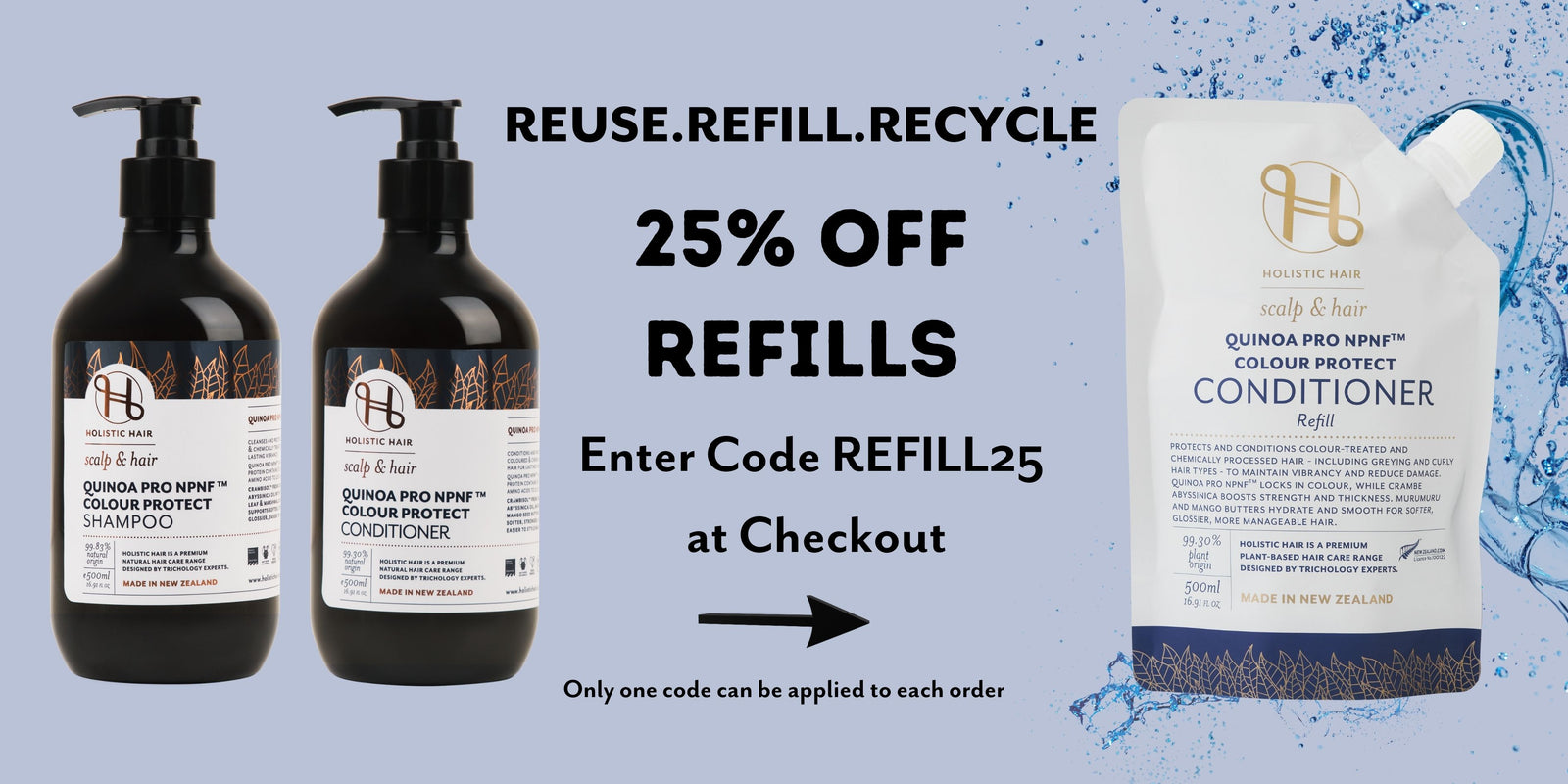 Promotional image of hair care products with a discount offer on refills.