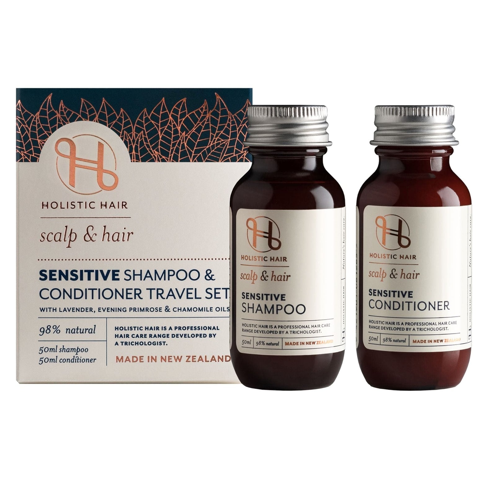 Sensitive Shampoo & Conditioner Set with Apple Cider Vinegar, Lavender, Chamomile, and Evening Primrose, designed to soothe, hydrate, and balance the scalp while improving hair strength and elasticity.